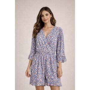 Heyson NWT Blue Floral Wrap Romper Long Sleeve Smocked Waist Size S